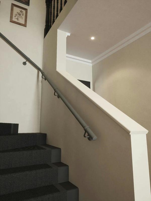 Luddington Textured Grey Single Winder Handrail showing brackets and elbow with a turn and rise