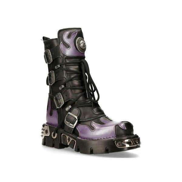New Rock Flame Accented Black/Red Leather Biker Skull Boots- M-591-S5