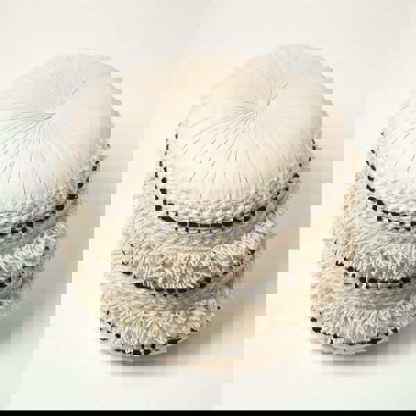 HOMESCAPES Sahara Cream & Black Macrame Tufted Boho Pouffe - 50 cm Tall