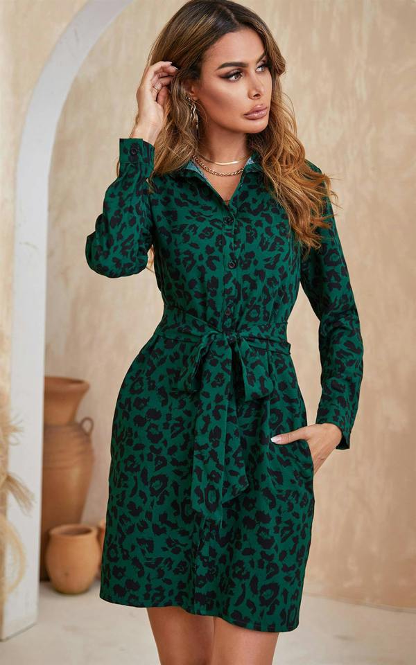 FS Collection Mini Shirt Dress In Black Leopard Print Forest Green + Free Gold Stretch Knotted Belt