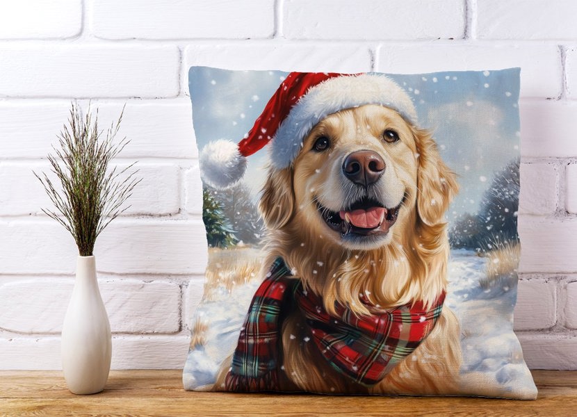 Warren Reed Snowy Christmas Golden Retriever Cushion