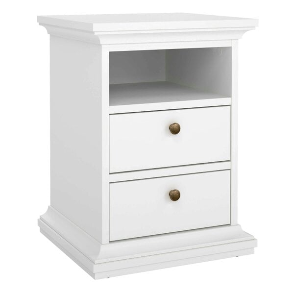 Wyld Haus Osaka Farmhouse White Wooden Bedside Table 2 Drawers 1 Open Shelf