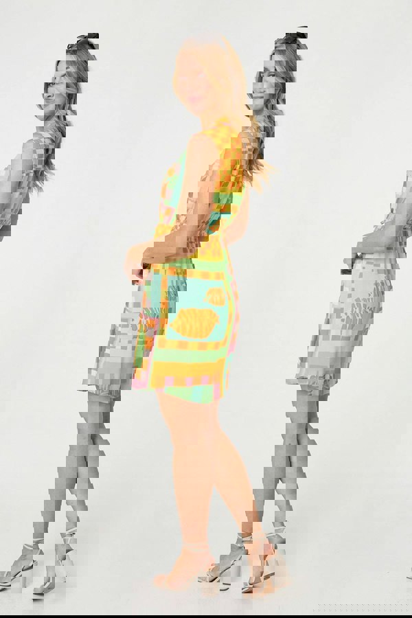 Orange | Patchwork Print Sleeveless Short Dress
