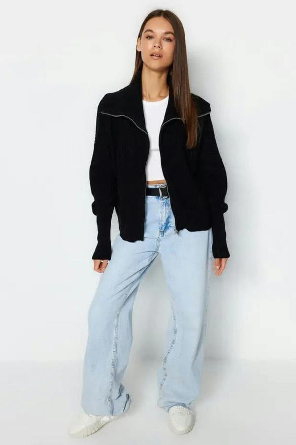 Hoxton Gal Oversized Draped Collar Zip-Up Knit Cardigan
