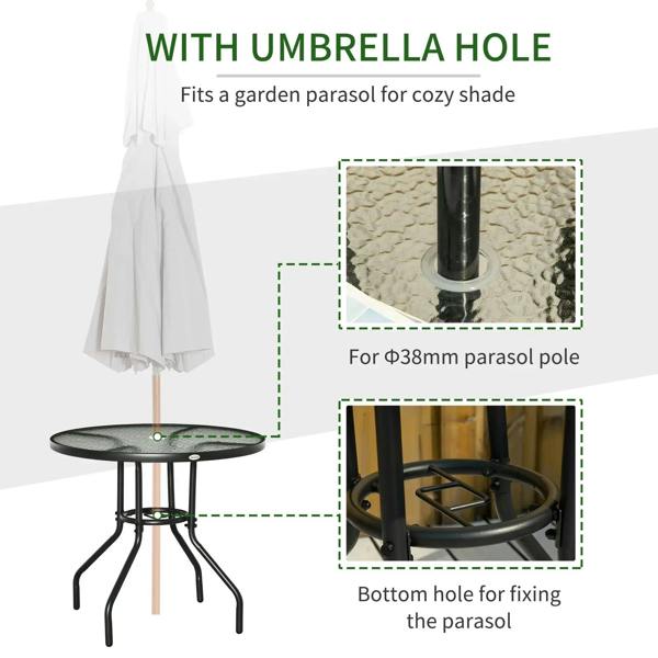 Black bistro table with umbrella hole and tempered glass top for outdoor seating