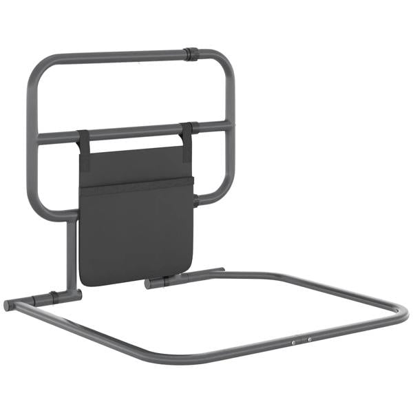 Black folding bed assist rail with front storage pocket and rounded hand supports.