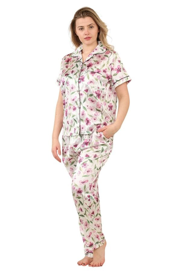 Luxury Floral Satin Pajama Set for Women - Short Sleeve Button-Up Top and Long Pants With pockets