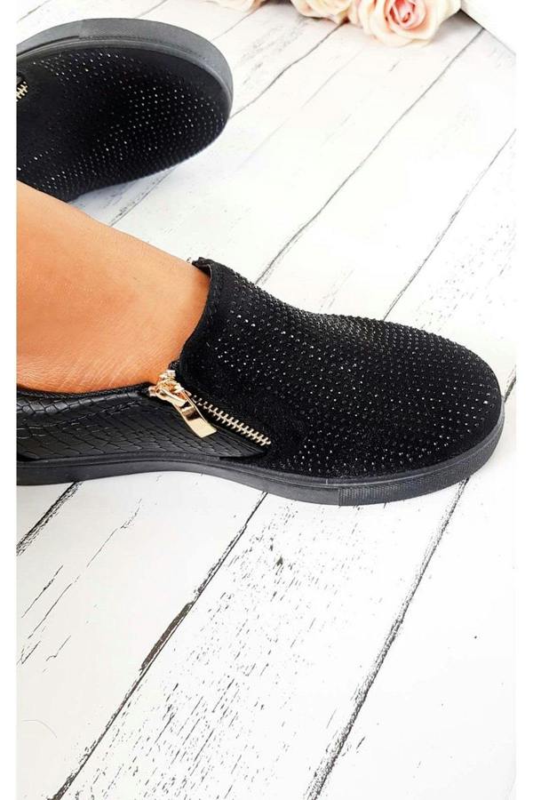 Leah Crystal Suede Zip Pumps Trainers - Black