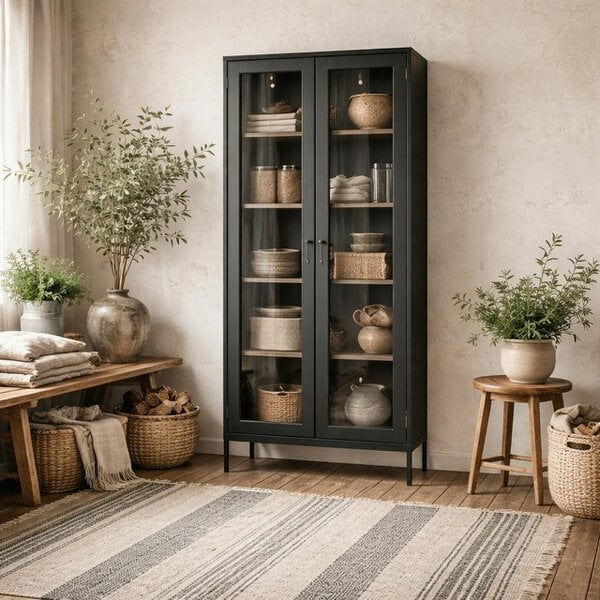 Wyld Haus Barla Black Steel Metal Display Cabinet 2 Glass Doors