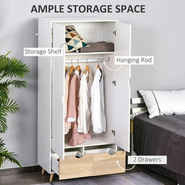 Bobobiy 2-Door Clothes Wardrobe w/ Rail Shelf 2 Drawers Wood Feet Elegant Home Storage Organisation Furniture, White