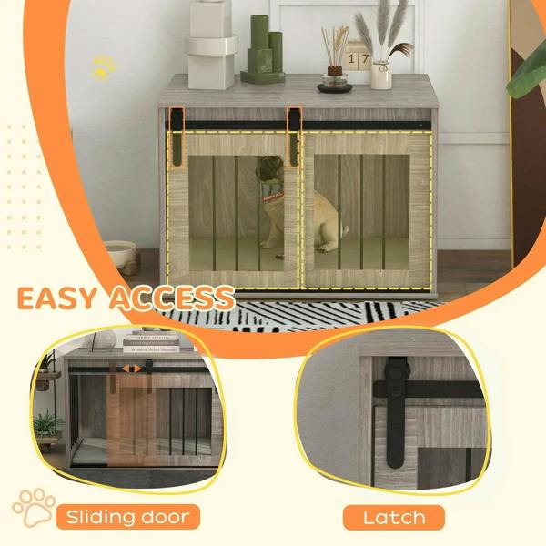 Dog crate furniture with easy-access sliding door and latch, wood-look front bars