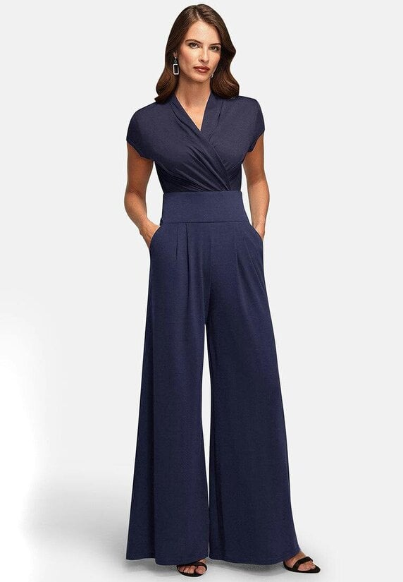 HotSquash V Neck Wide Leg Jumpsuit with Cap Sleeves