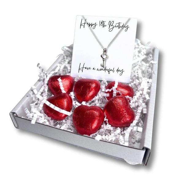 Aye Do Gifts 18th Birthday Key Necklace Gift Box, Jewellery & Chocolate Treats
