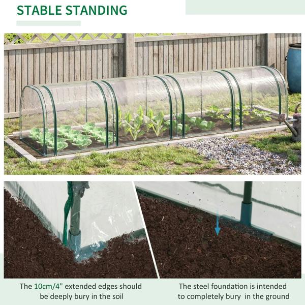 Clear tunnel greenhouse with green steel frame standing on base and transparent PVC cover