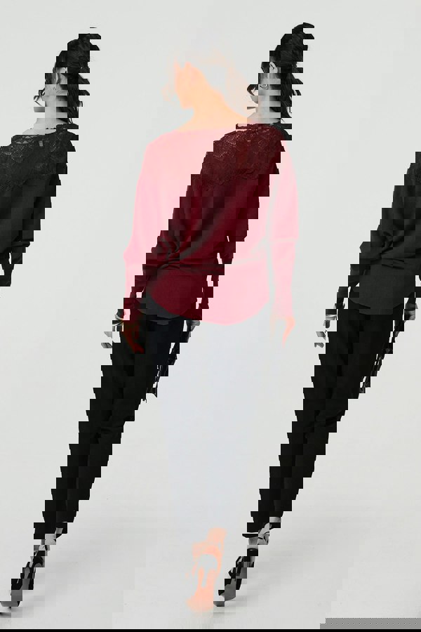 Red | Lace Trim Batwing Long Sleeve Jumper
