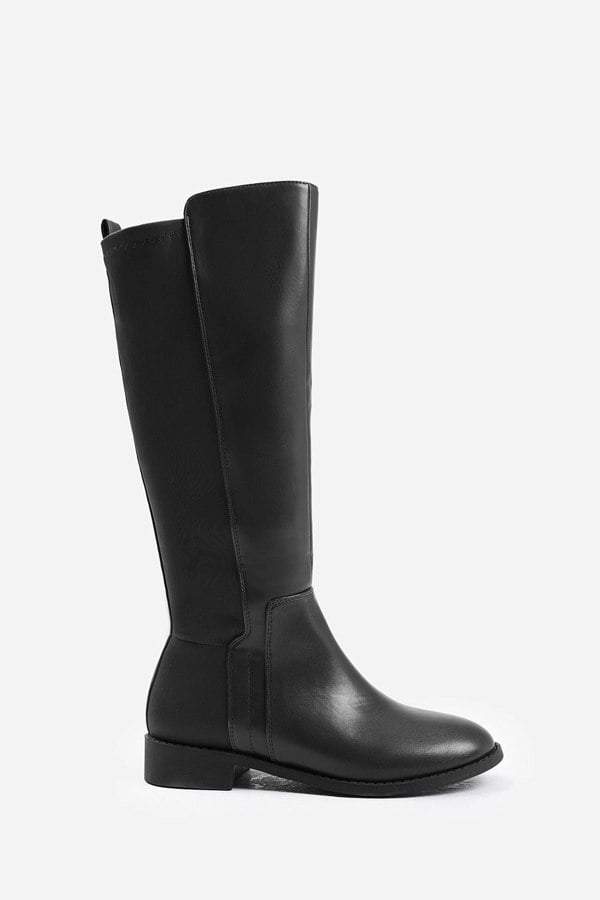 Where's That From PParker Stretch Wide Calf Knee High Boots With Side Zip In Wide E Fit In Black Faux Leather