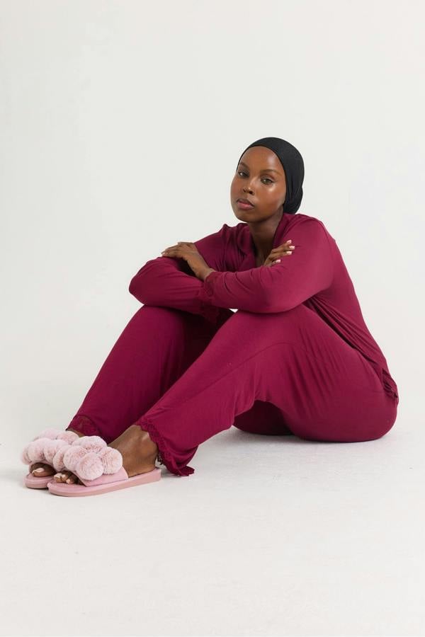 Bamboo Lace Long Pyjama Set in Bordeaux - Wholesale - Pajamas