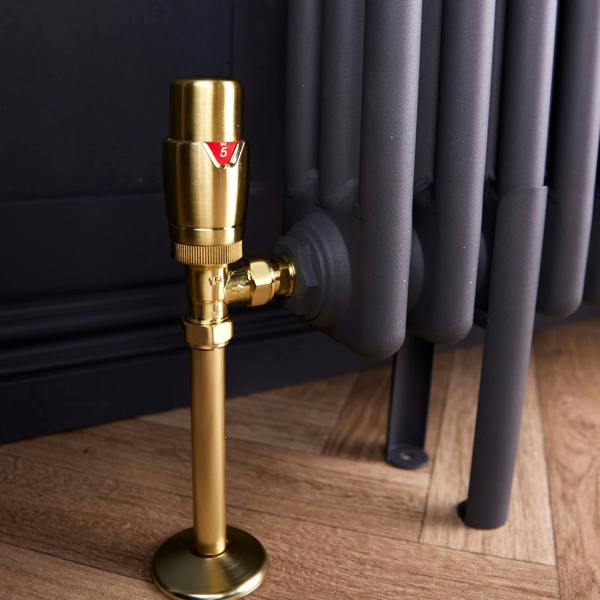 Flode Angled Thermostatic Radiator Valve Pack | 15mm x 1/2" | Brushed Brass