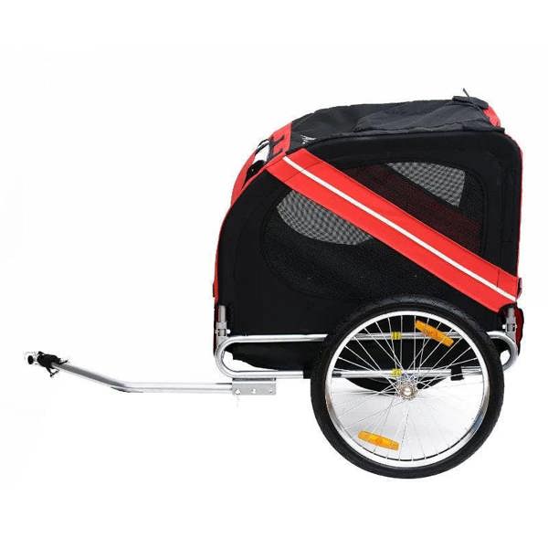 Red and black bicycle pet trailer with front mesh door and wide steel frame