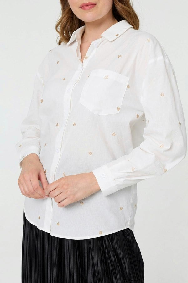 White | Heart Embroidered Long Sleeve Shirt
