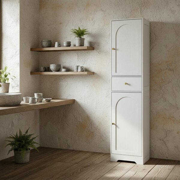Wyld Haus Remodi Tall Bathroom Storage Cabinet With Arched Door Design White