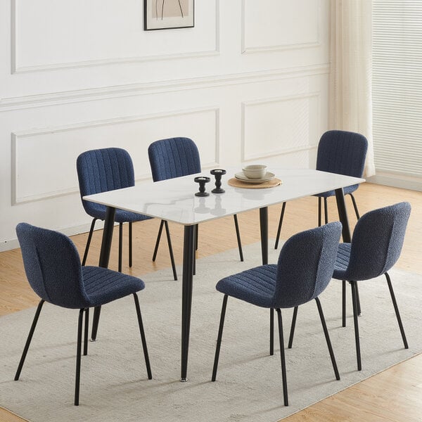 Set of 6 Teddy Faux Fur Stitched Design Dining Chairs Bella - Blue