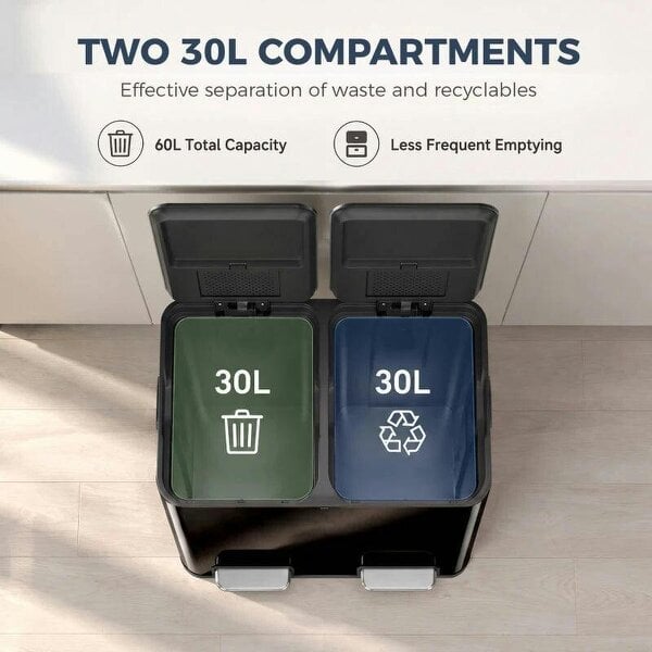 2 x 30L Double Kitchen Bin, Stainless Steel Pedal Rubbish Bin with Dual Compartments, Soft Close Lids, High Gloss Black