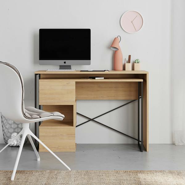 Decortie Modern Badau L-Shaped Computer Desk Metal Legs 3 Adjustable Storage Shelf Extra Table 110cm(W) Work PC Office