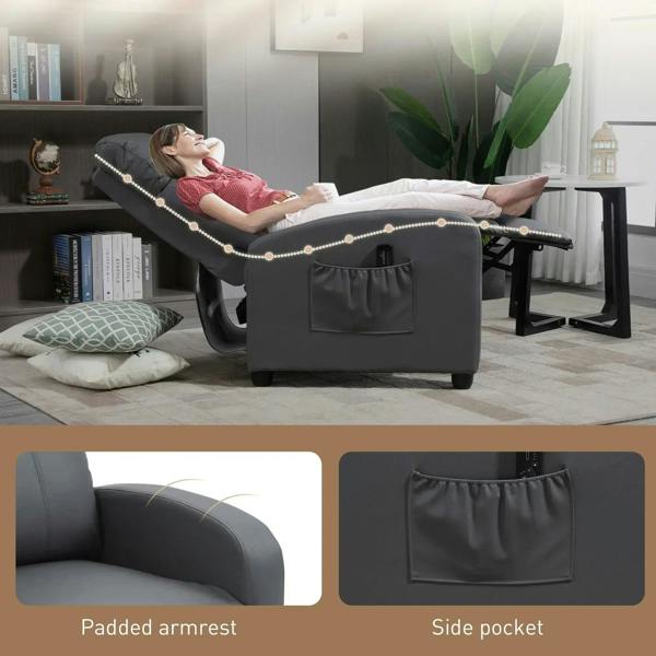 Grey recliner armchair with side storage pocket and padded armrests
