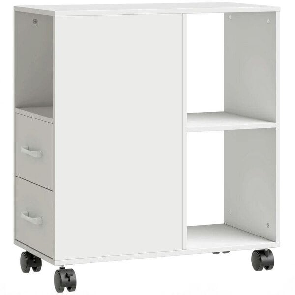 Narrow Mobile Printer Table with Wheels, Rolling Printer Stand with Drawers for Home Office, 30 x 60 x 65 cm, White
