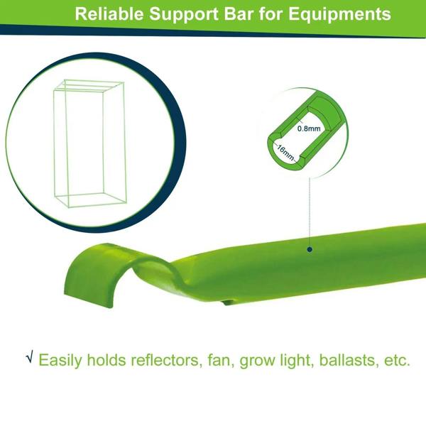 Grow tent support bar for equipment, with steel frame illustration and rod size detail