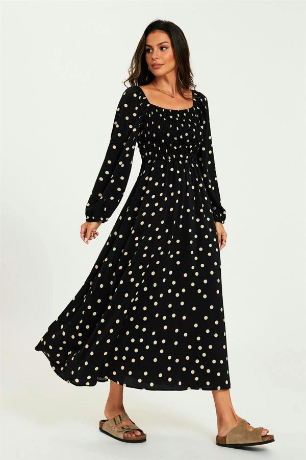 FS Collection Polka Dot Square Neck Maxi Dress In Black