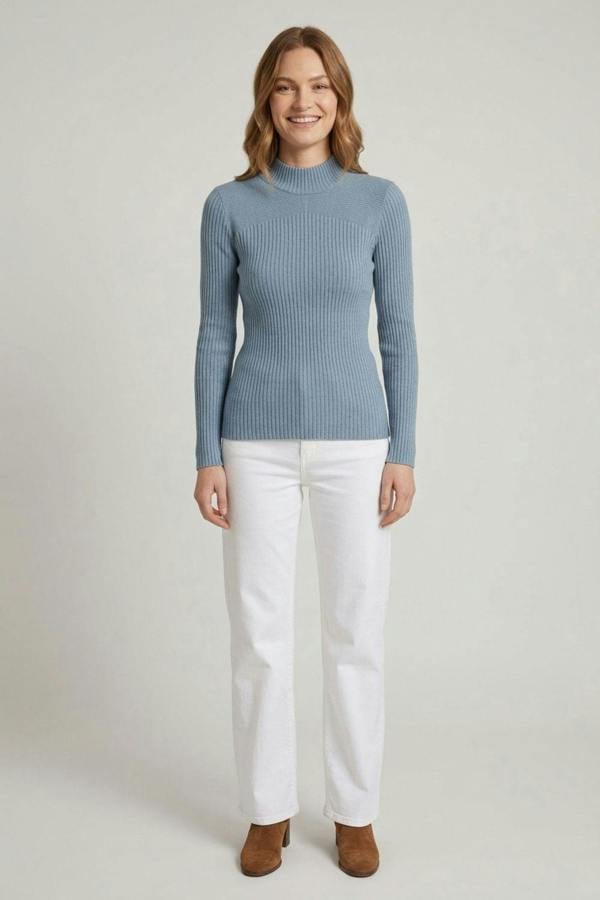 Blue | Striped Texture High Neck Slim Knit Top