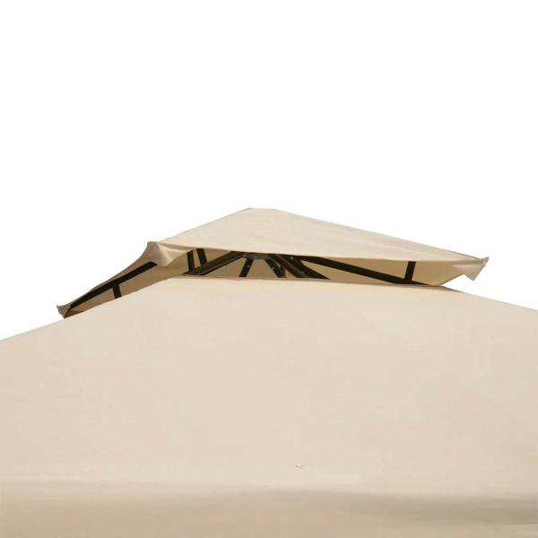Sand fabric gazebo canopy close-up with double roof panels and black frame