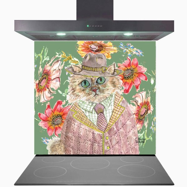 Claire Louise - Designer Cottage Floral Cat Glass Kitchen Splashback