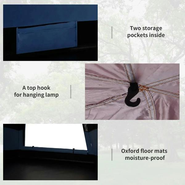 Hexagon camping tent interior showing a hanging hook, storage pocket areas, and floor mat