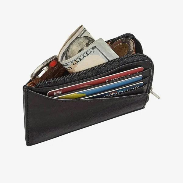 Black leather zip wallet for women with coin pocket 