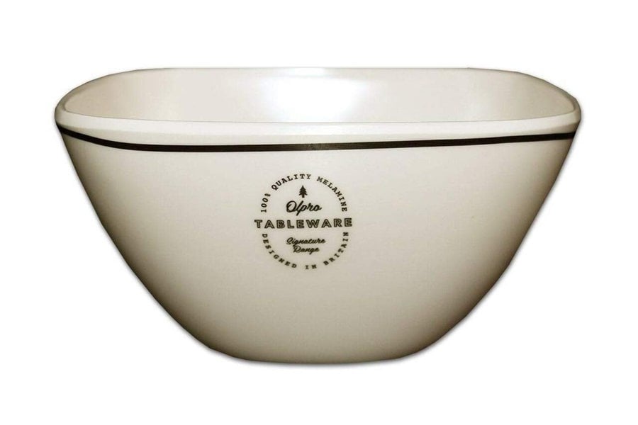 Image of the bowl, from the Signature Melamine Set by OLPRO. Classic looking camping set in white with an elegant logo and line around the edge.
