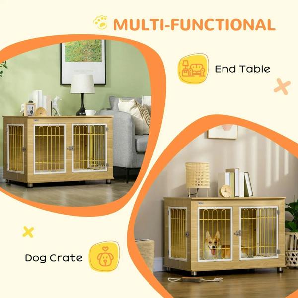Oak-tone dog crate end table with wire doors and top surface, multi-functional design.