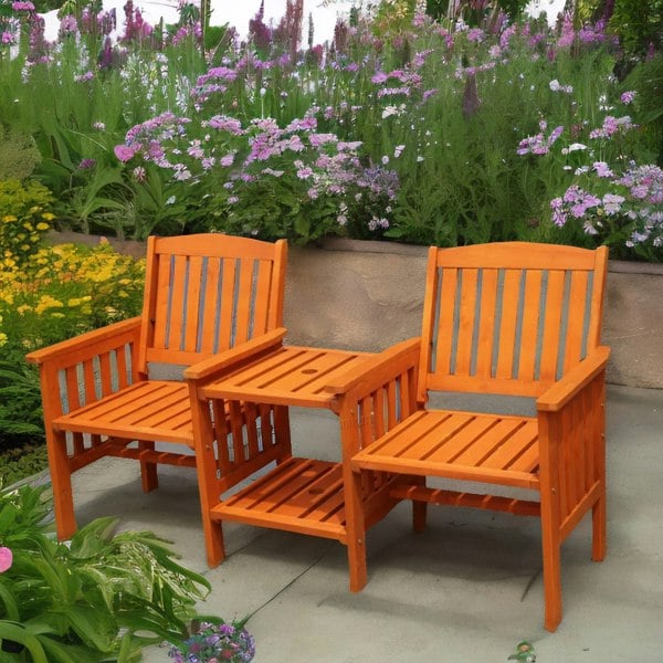 Rafaelo Mobilia Wooden 2 Seater Outdoor Bench With 2 Tier Table Brown
