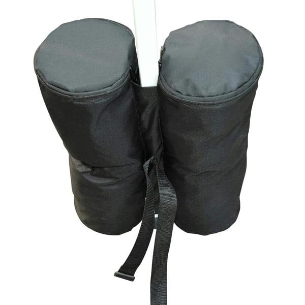 Two black sandbag weight cylinders with fastening strap and zipper tops