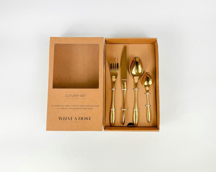 Gold Stainless Steel Cutlery Set, fork, knife, soup spoon, dessert spoon. Restaurant quality flatware from What a Host Home Decor