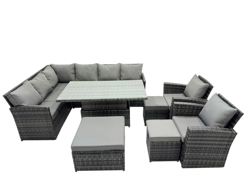 Fimous 11 Seat Rattan Outdoor Patio Height Adjustable Rising Lifting Table Corner Sofa Set with 3 Stool 2 Chairs for Garden Backyard Dark Grey Mixed