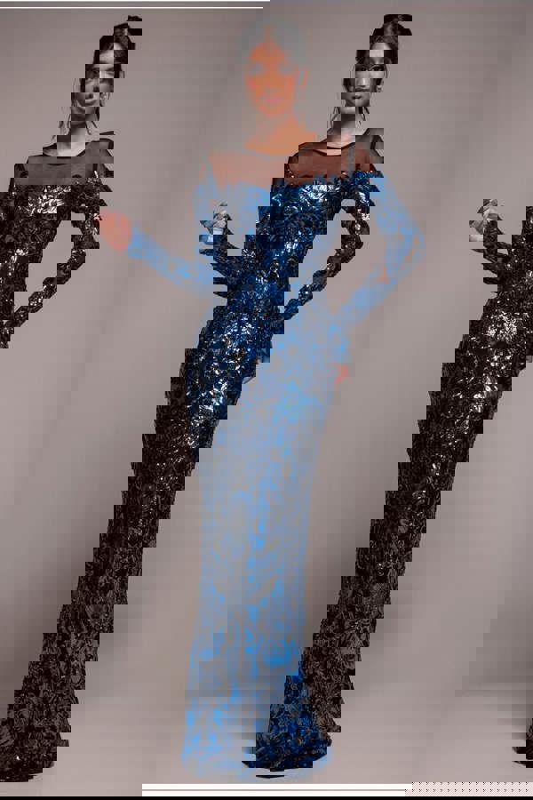 Floral Sequin Mesh Maxi - Navy DR4041