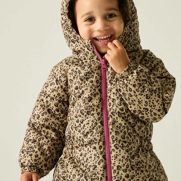 Regatta Childrens/Kids Penrose Heart Leopard Print Quilted Puddle Suit - Beige/Dark Brown/Violet - 