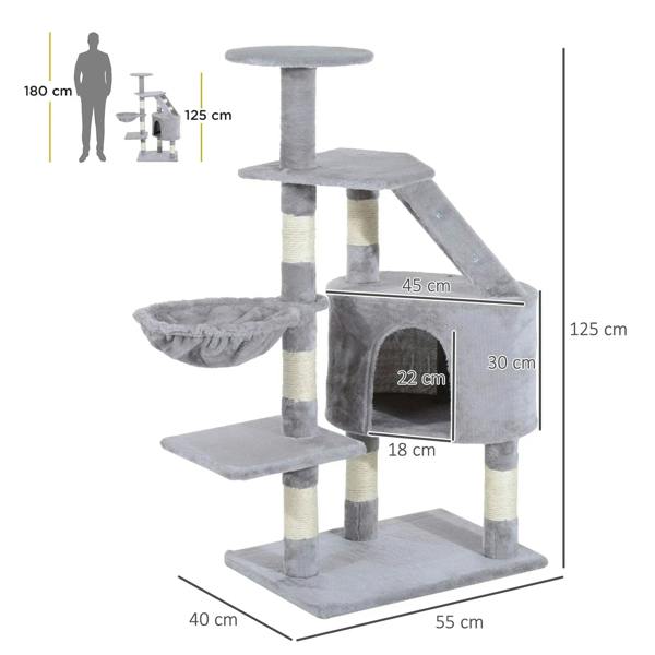 Grey cat tree with sisal scratching posts, ramp, enclosed house, and layered platforms
