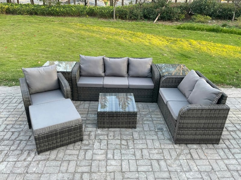 Fimous Rattan Garden Furniture 7 Piece Patio Set With Table Sofa Square Coffee Table Reclining Chair Love seat sofa 2 Side Tables Big Footstool
