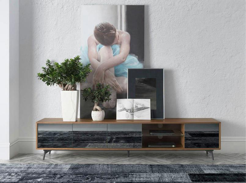 Angel Cerdá Mirror Effect Black Glass, Walnut and Black Steel TV Unit 3048