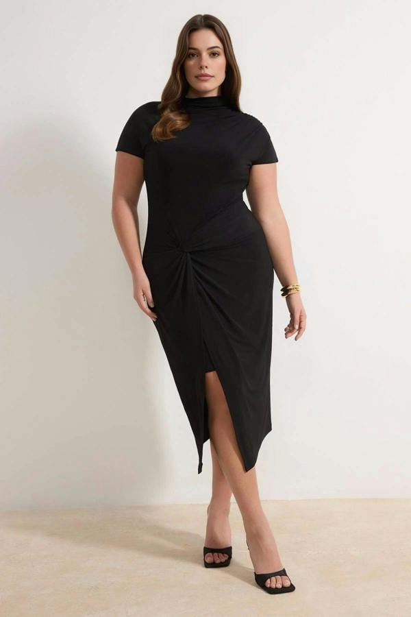 WOVCOR High Neck Knot Detail Midi Knitted Plus Size Dress