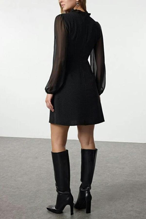WOVCOR High Collar Tweed Mini Woven Dress with Chiffon Sleeves